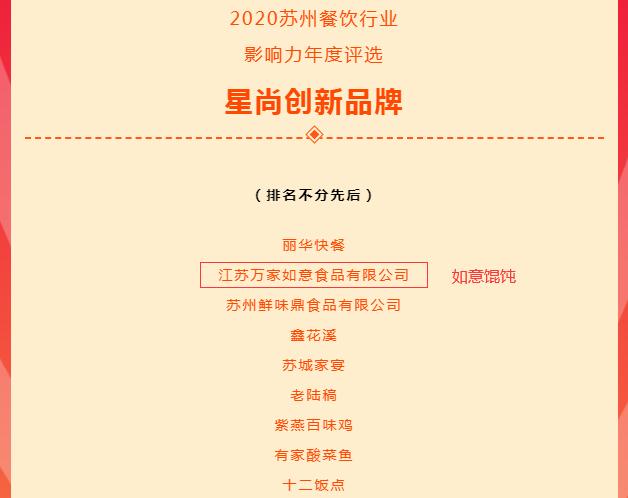 如意餛飩榮獲2020蘇州餐飲行業影響力年度評選星尚創新品牌